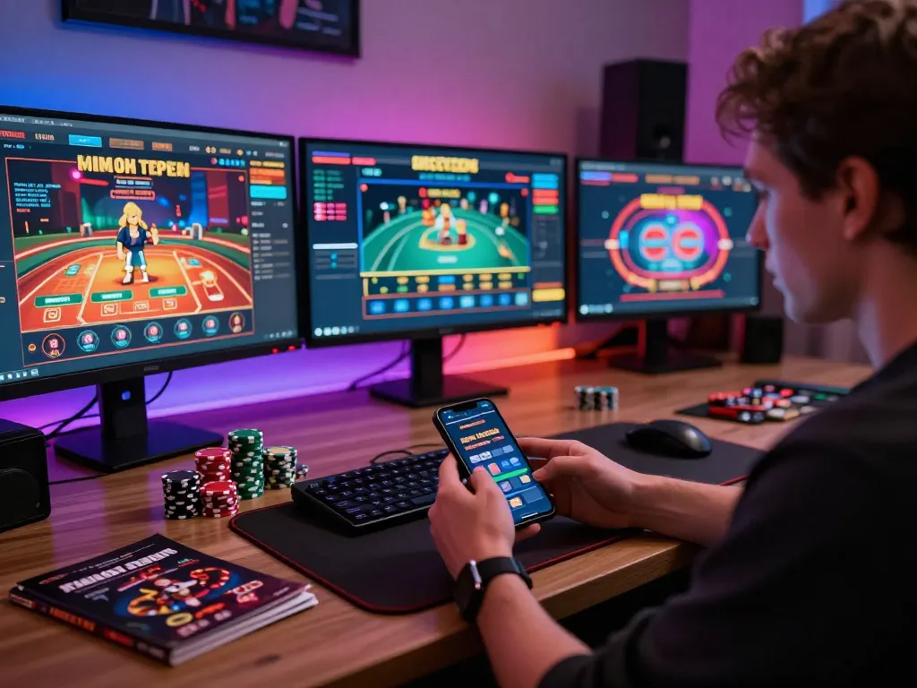 Engaged player at a gaming setup exploring games on https://mm88.today/, showcasing excitement in online gambling