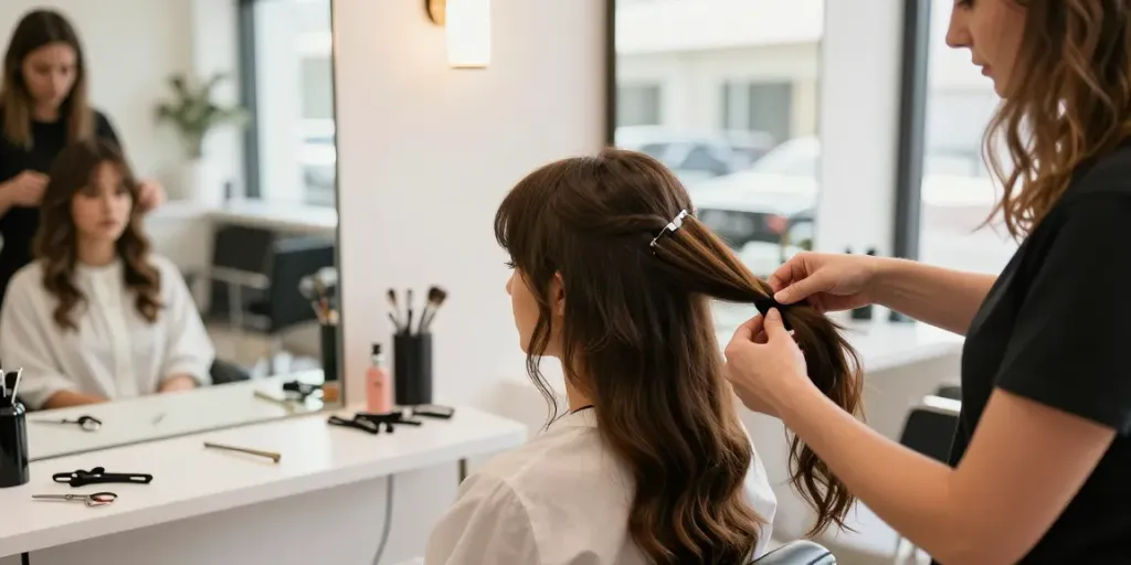 Sew in hair extensions installation in a stylish salon with a professional stylist guiding the process.
