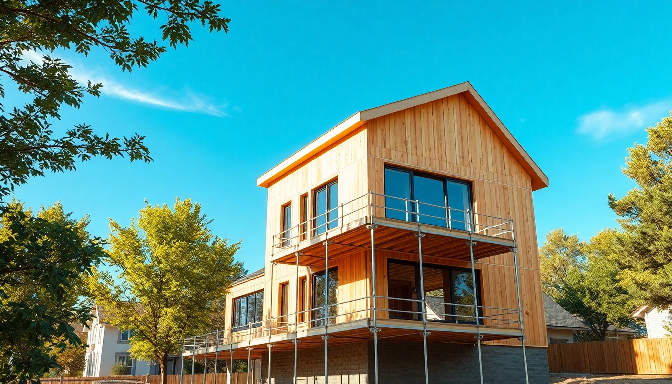 Showcasing domicile construction with a modern home being built under natural light.