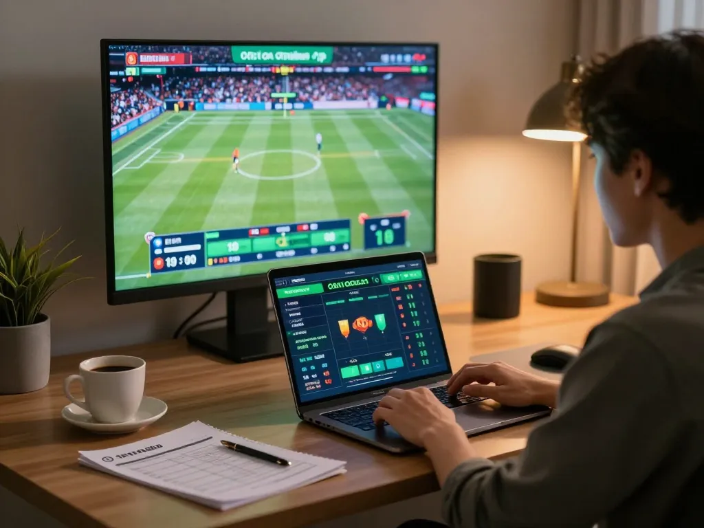 Cá cược Vivu88 sports betting at home with laptop and live sports streaming.