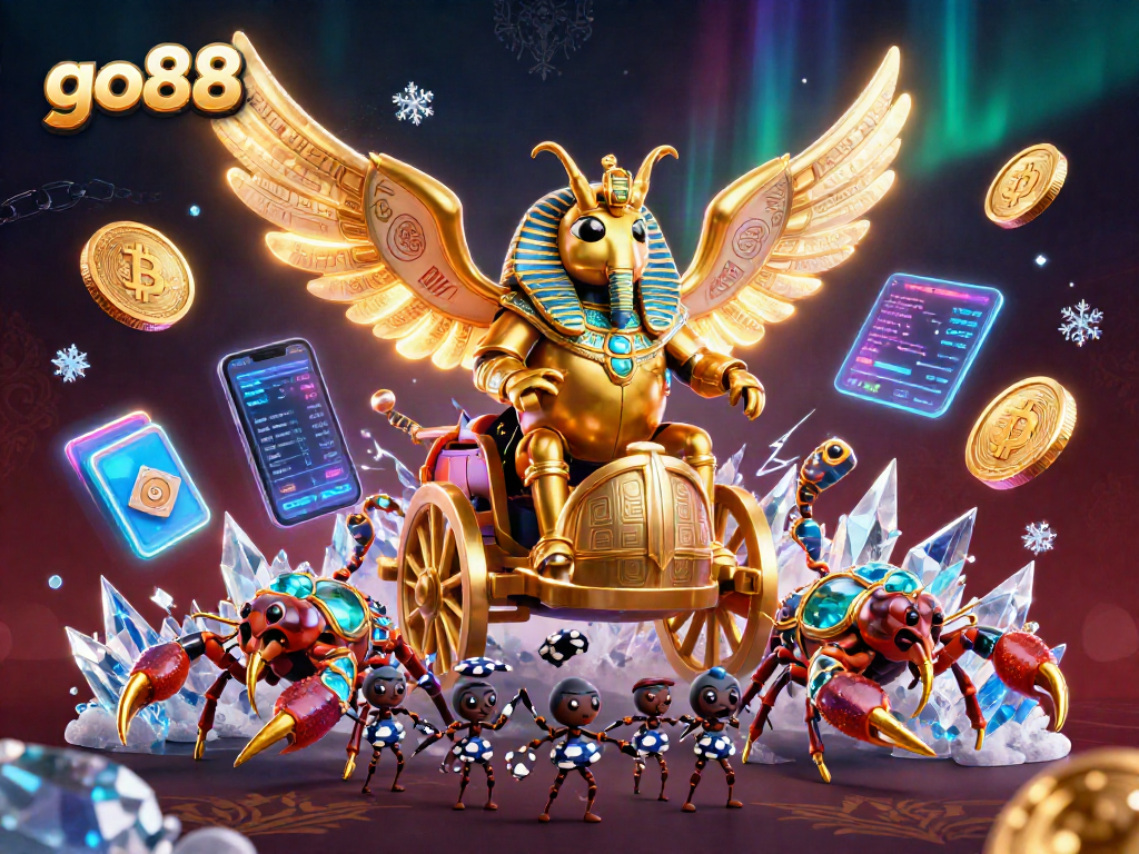 Engage with go88 - a lively illustration showcasing a golden scarab beetle and scorpions in a casino scene.