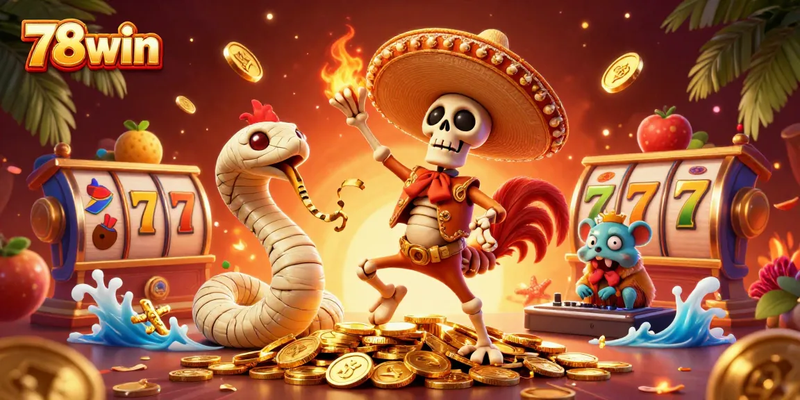 78win showcases a vibrant victory scene in a casino, featuring dynamic characters and gaming elements.