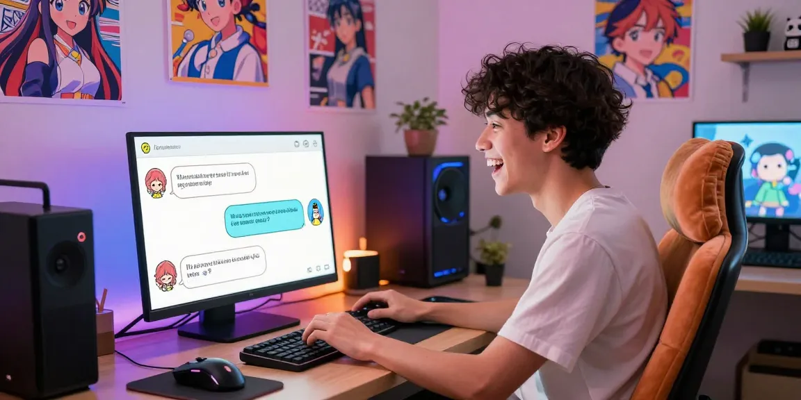Engaging user in ecchi AI chat with animated characters in a cozy home office.