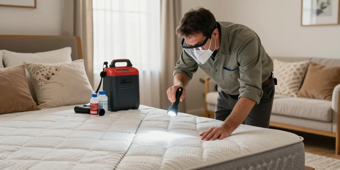 Bed bug exterminator inspecting a cozy bedroom with eco-friendly treatments.