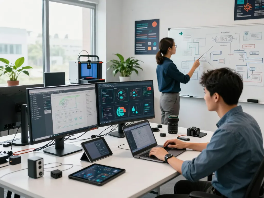 Innovative technology workshop scene with engineers collaborating on hbet data analysis, showcasing teamwork and creativity.