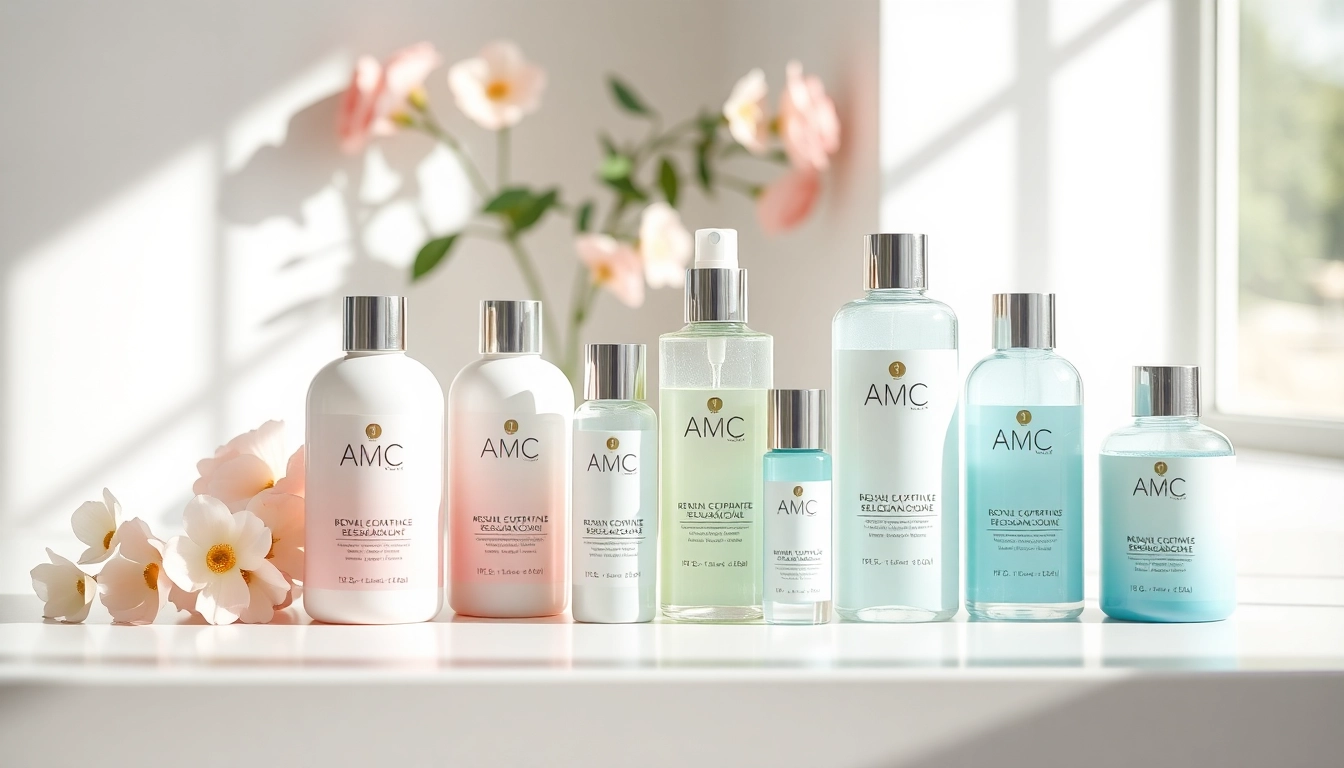 Showcase AMC Essentials skincare products elegantly arranged with vibrant colors and smooth textures for a fresh look.