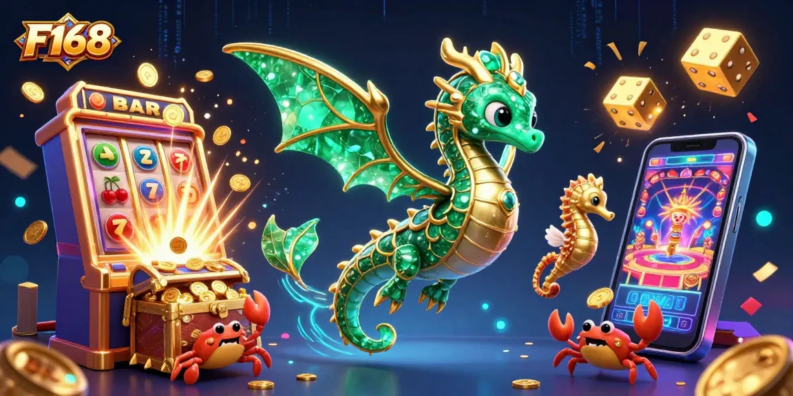 Experience F168 with a colorful jackpot explosion in an engaging 3D casino scene featuring sea creatures.