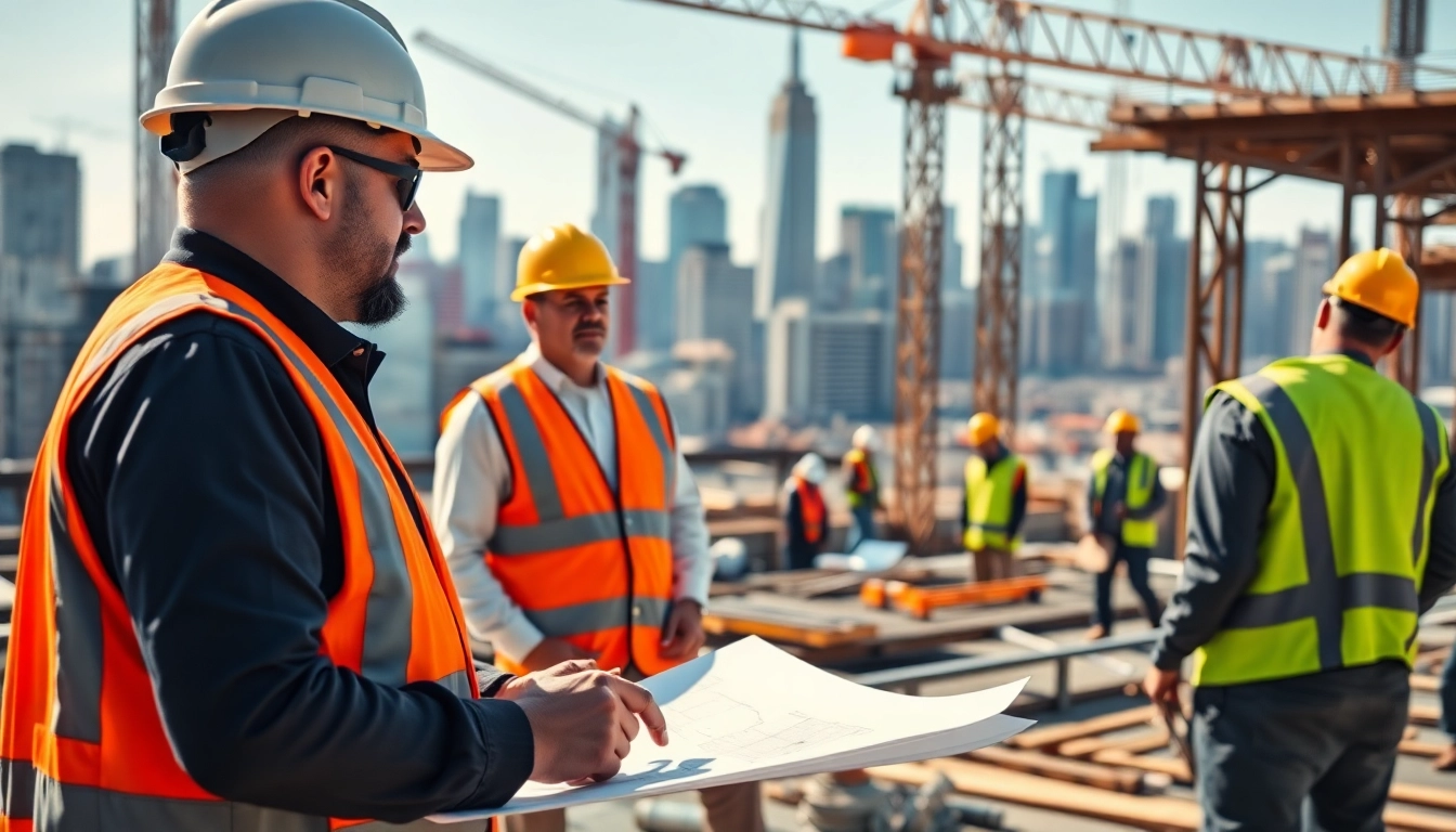 New York General Contractor supervising a busy construction site with vibrant activity.