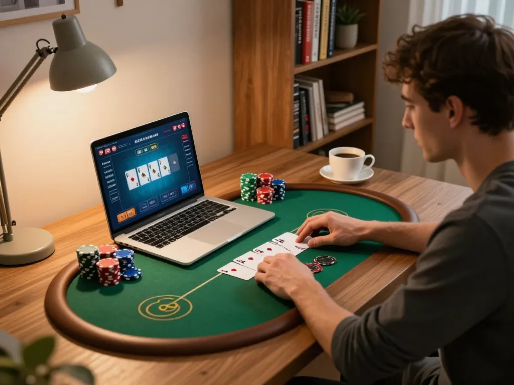 Experience thrilling gameplay at qq88 as a player strategizes a winning hand in a cozy home setting.