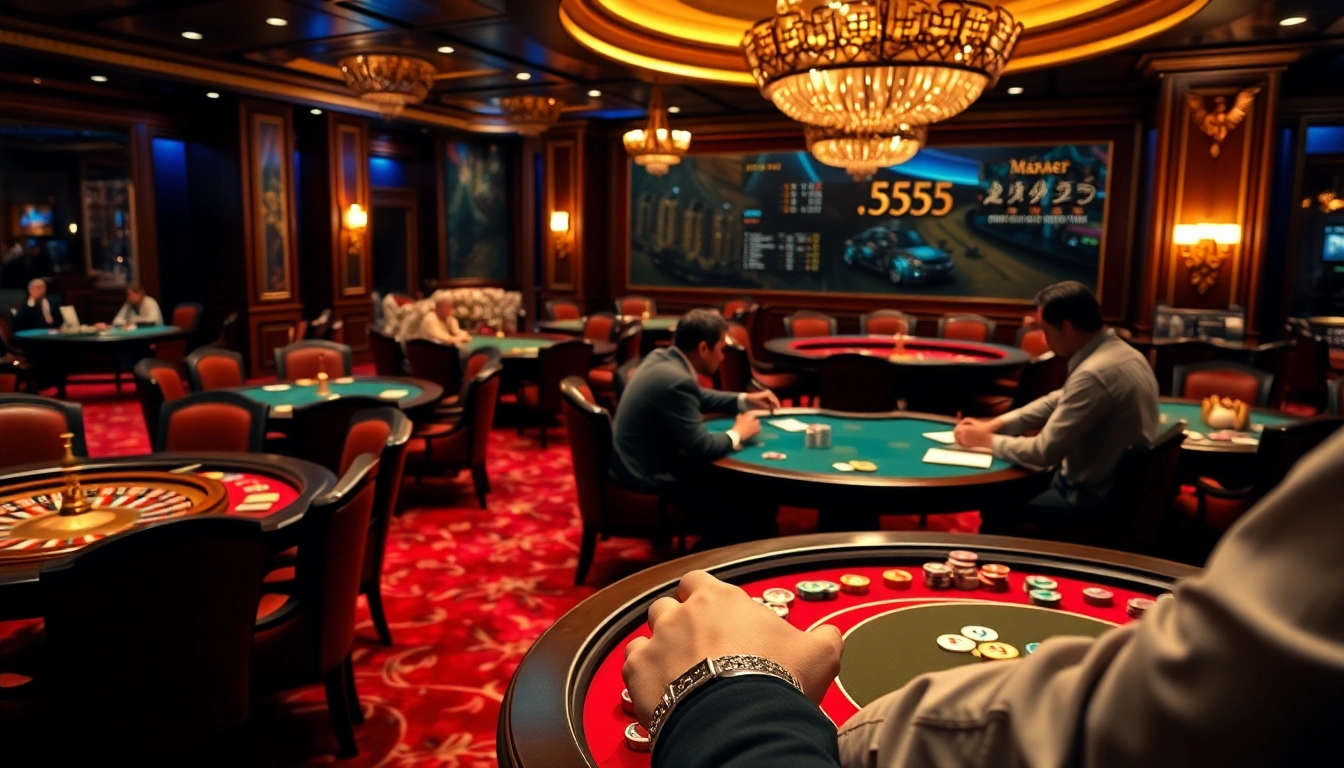 Action-packed scene of rồng bạch kim 555 gambling with poker chips at a stylish casino.