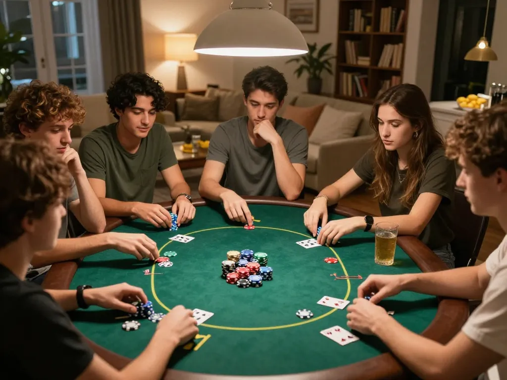 KUBET players enjoying a lively home poker game night with colorful chips and social interaction.
