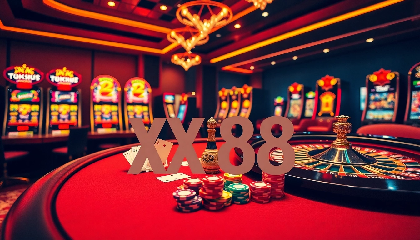 Place your bets at XX88 as players engage in thrilling poker games surrounded by vibrant casino ambiance.