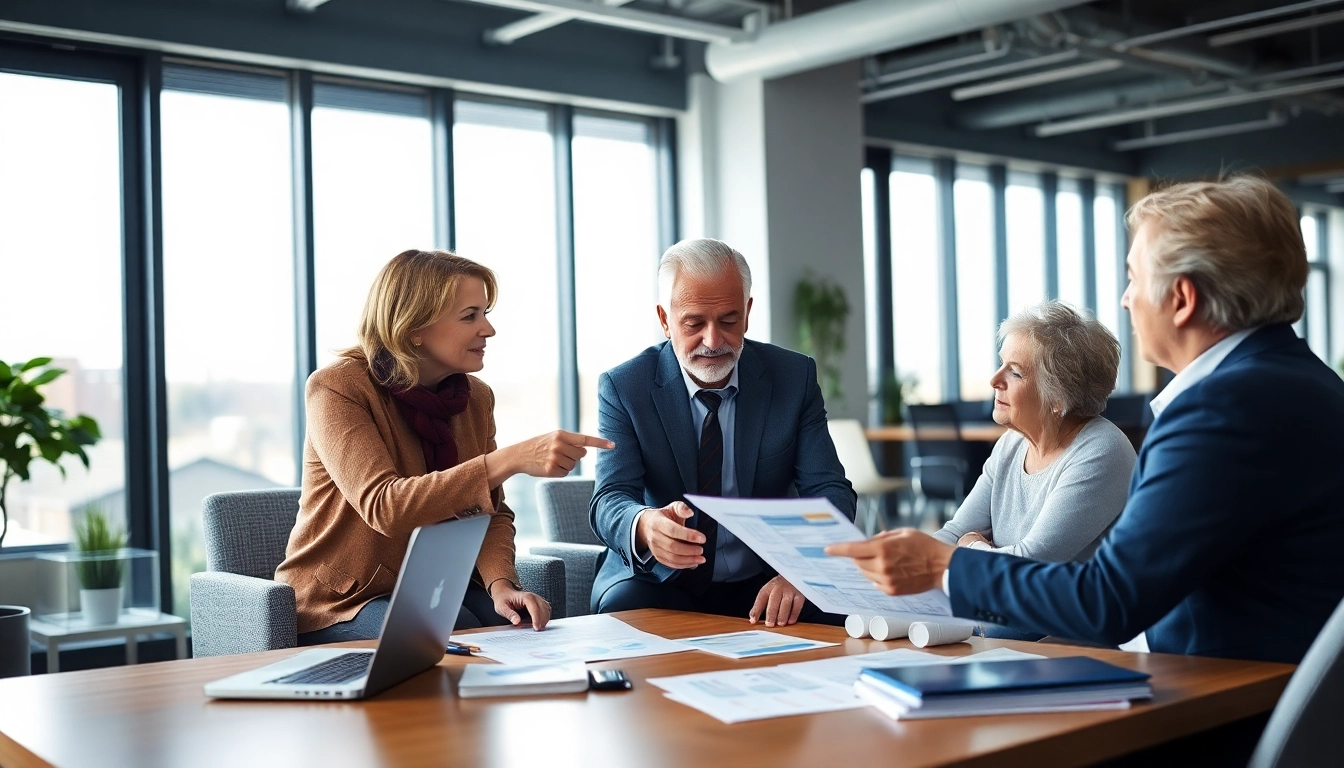 A financial advisor explaining social security benefits to clients in a bright office setting.