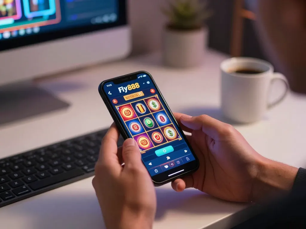 Engaged user playing fly888 casino app on smartphone in a cozy home setting