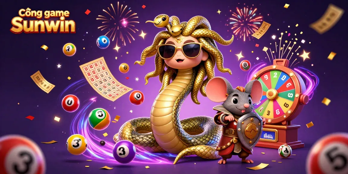 Cổng game Sunwin showcases a lively 3D illustration with Medusa and a warrior mouse amidst colorful lottery elements and celebratory effects.