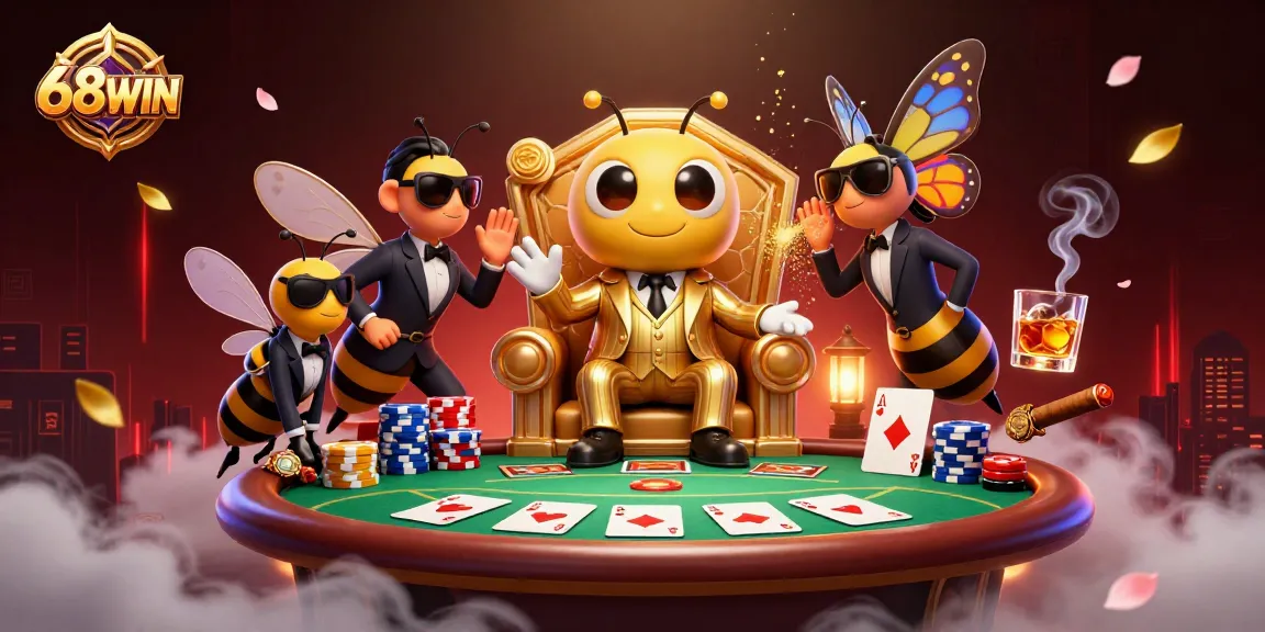 Engage in thrilling poker action with 68WIN's vibrant casino scene featuring a bumblebee mob boss.