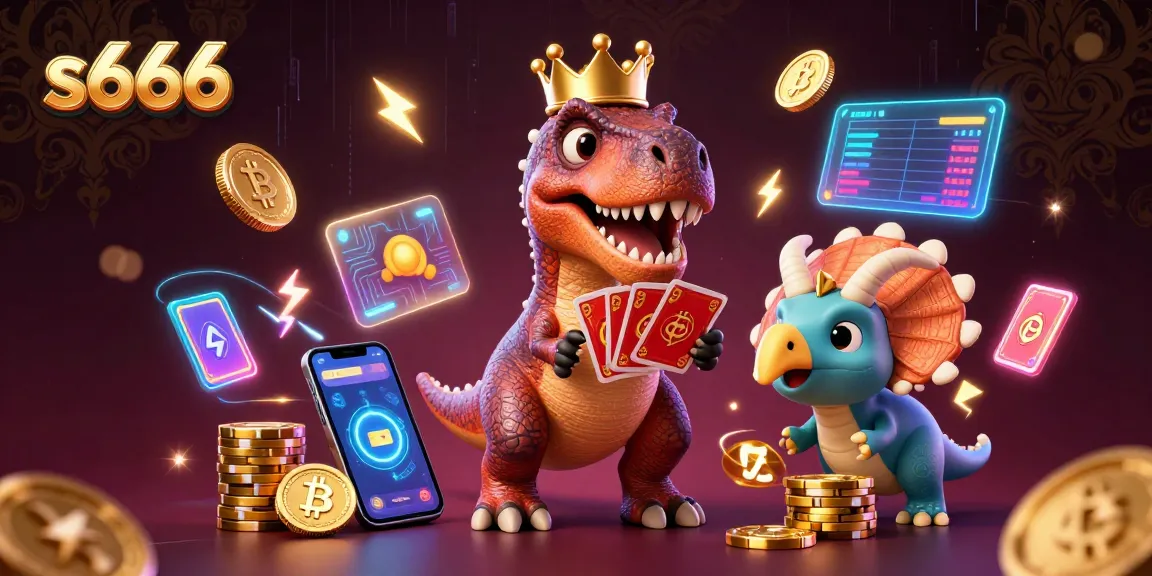 Experience thrilling gaming with s666 as a cartoon T-Rex plays cards surrounded by dynamic crypto elements.