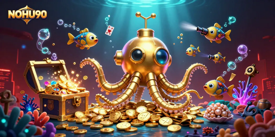 Experience the thrill of betting at NOHU90 with gold, games, and a golden kraken submarine