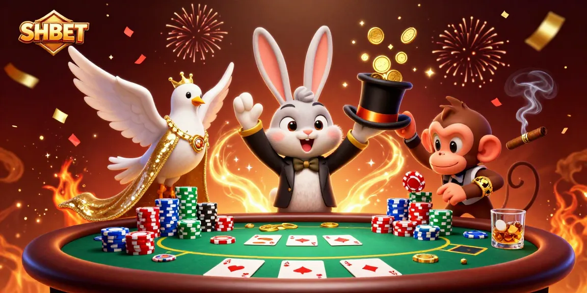 SHBET magician rabbit reveals golden coins at a lively poker scene with dazzling effects.